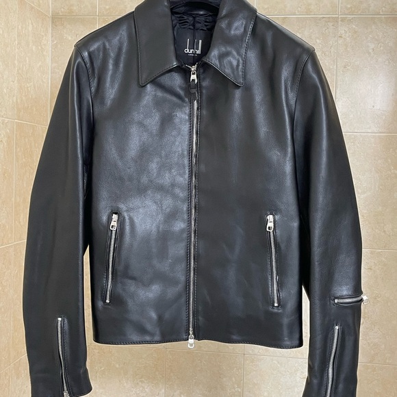 SOLD 😃 NWT  DUNHILL Men’s Black Leather Motorcycle Jacket Sz. S - Picture 1 of 11